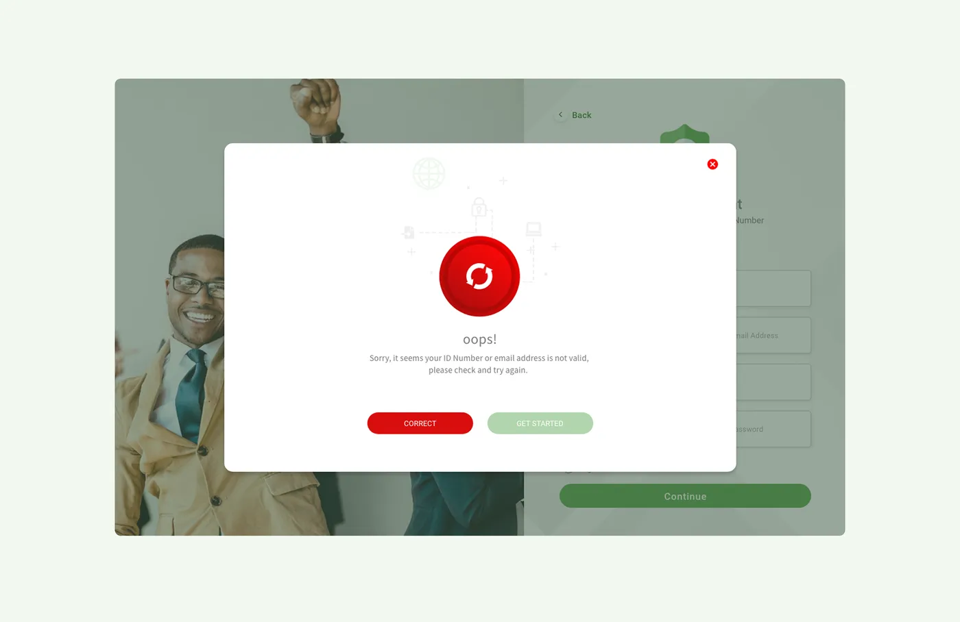 Error state when the ID or email does not match