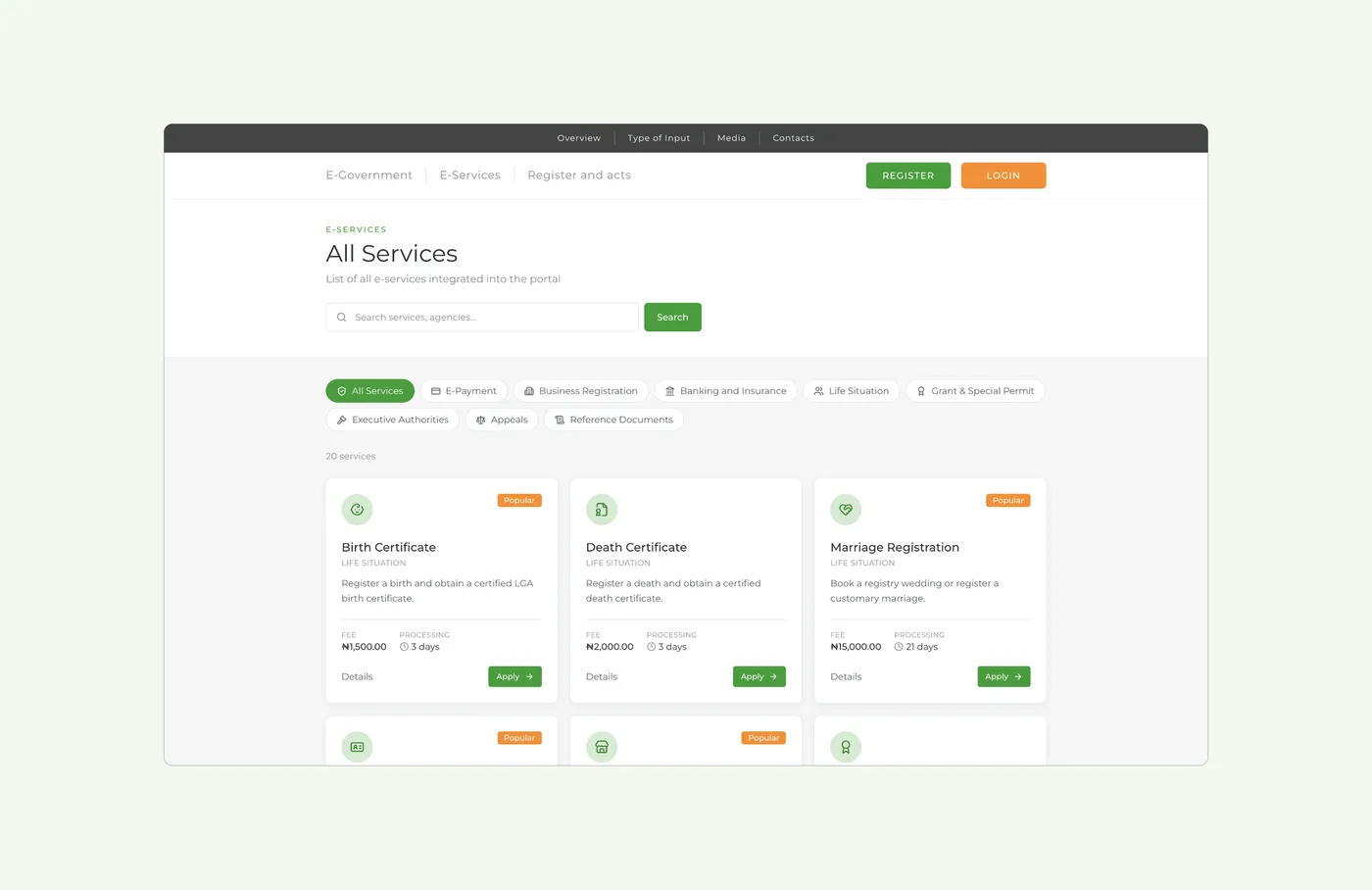 The public catalogue with fees and processing times