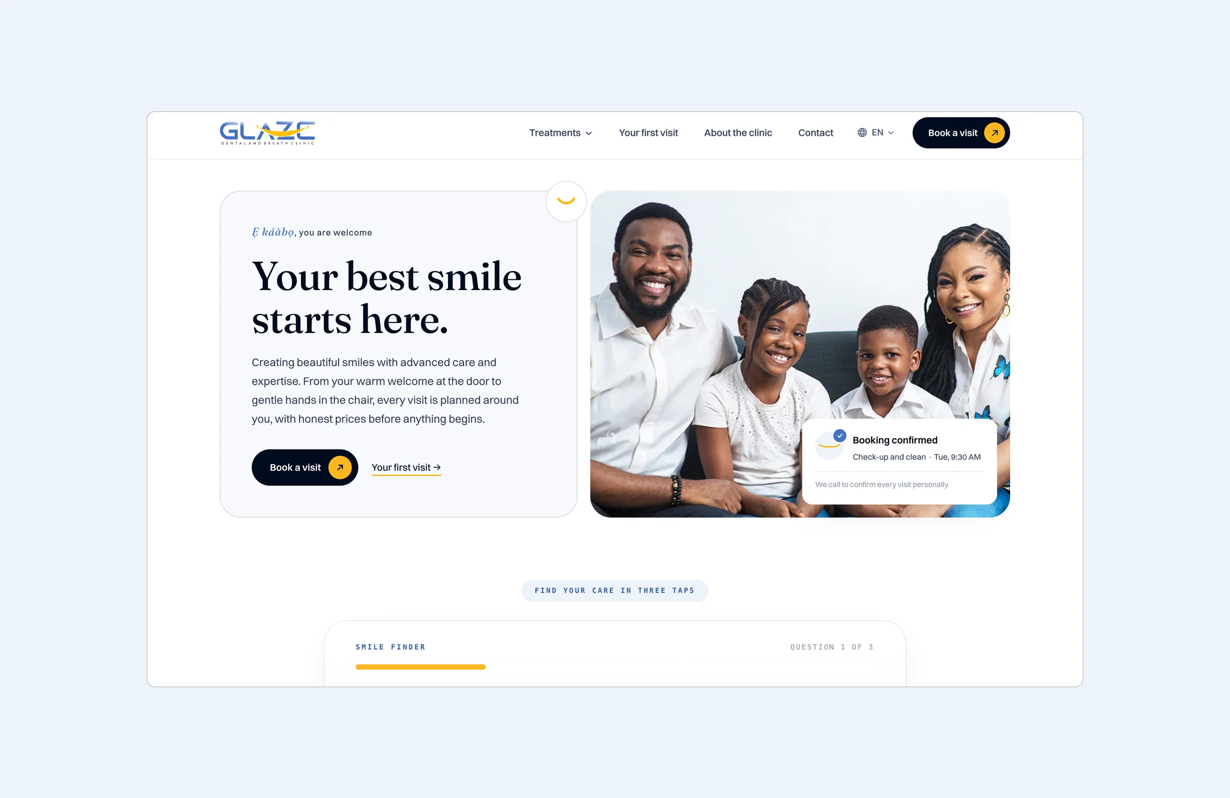 Home page: a warm welcome, a family photo and a booking confirmed card