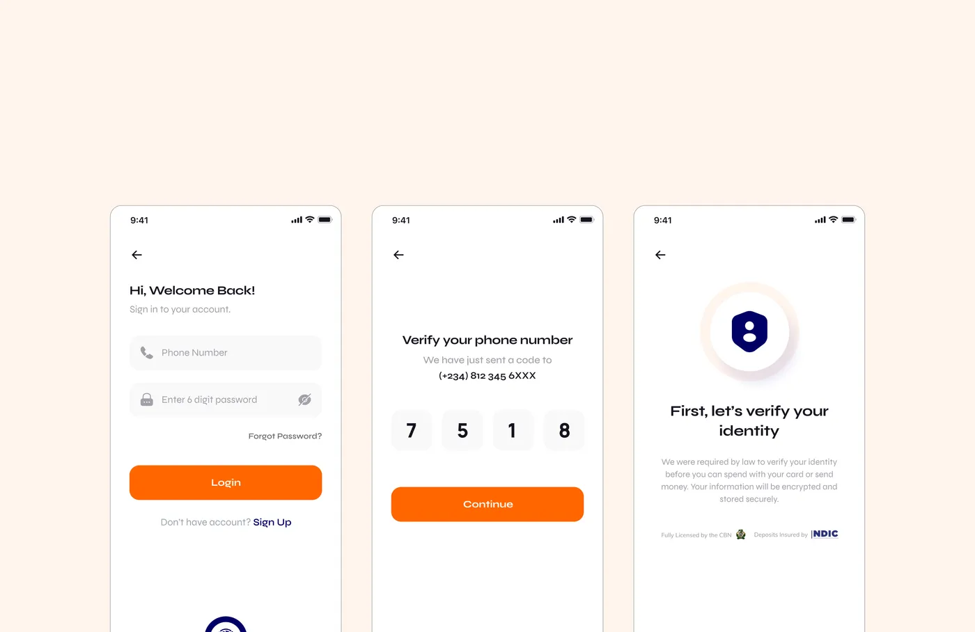 Signing in with a phone number and password, checking the phone number with a code, and the start of identity verification