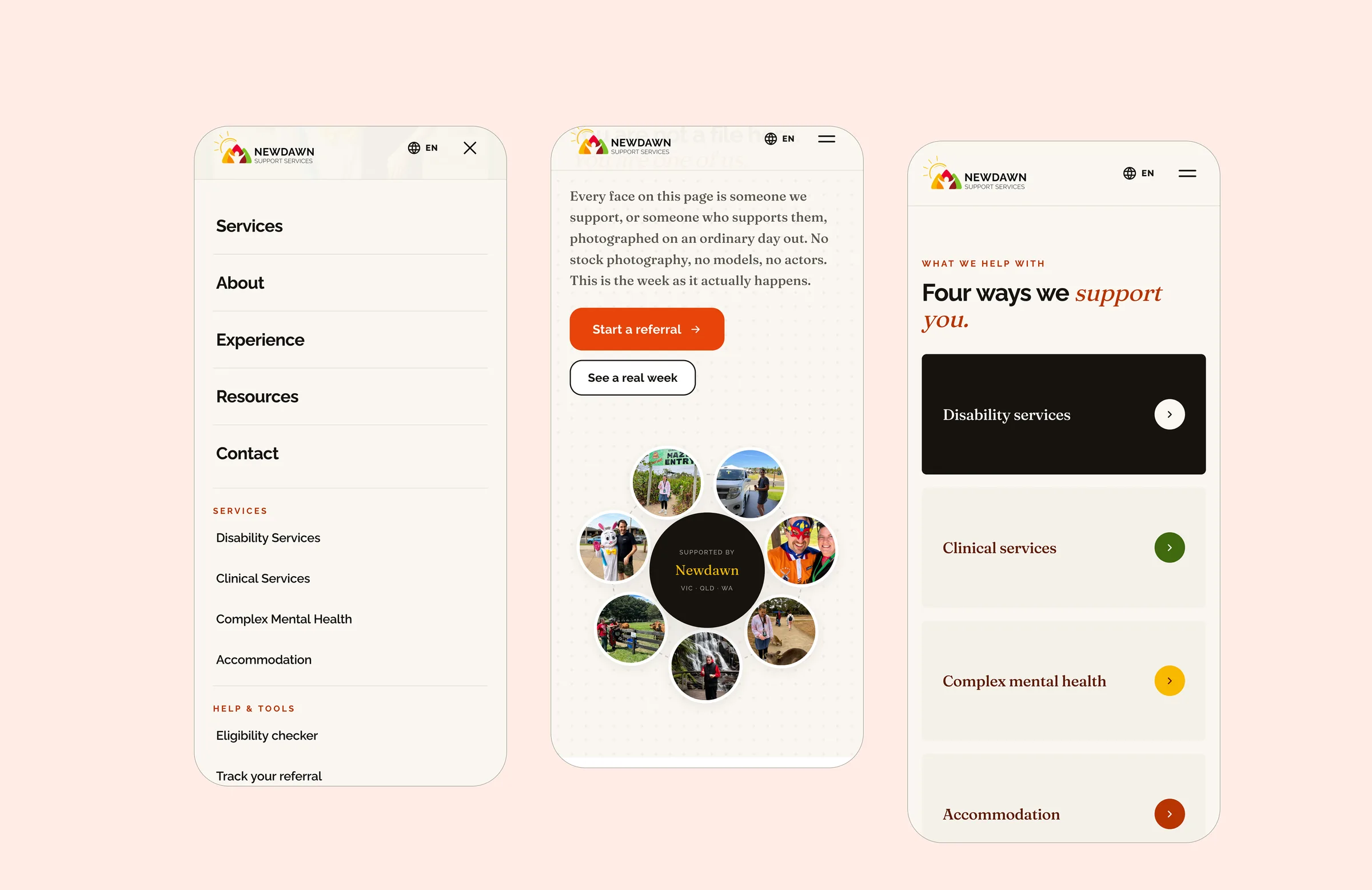 Mobile: the full menu, a photo story of a real week, and the four service cards